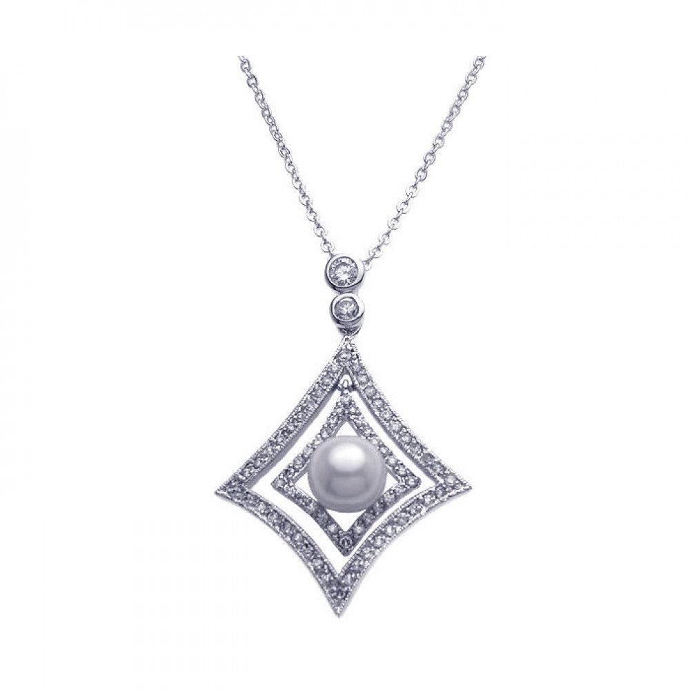 Silver 925 Rhodium Plated Open Square CZ Center Pearl Necklace