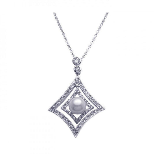 Silver 925 Rhodium Plated Open Square CZ Center Pearl Necklace