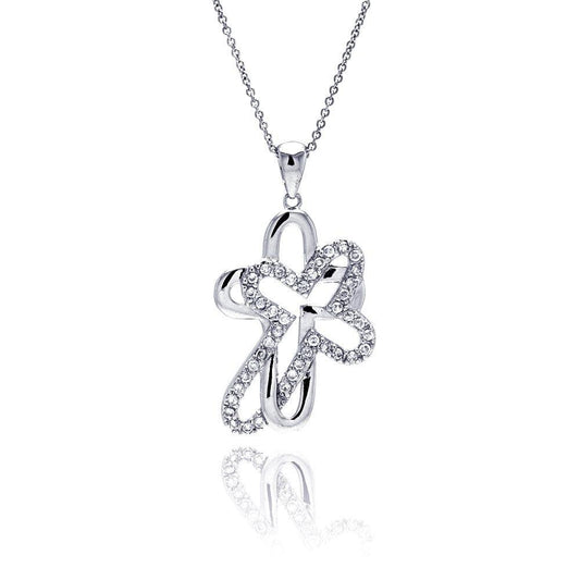 Silver 925 Clear CZ Rhodium Plated Double Cross Pendant Necklace