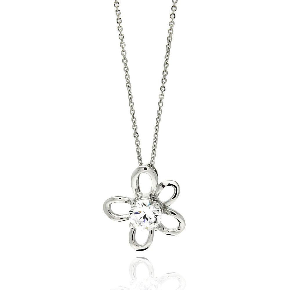 Silver 925 Rhodium Plated Open Flower Center CZ Necklace