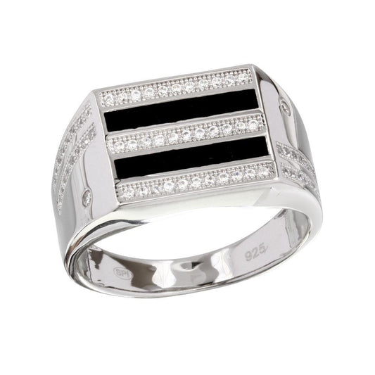 Two-Tone 925 Rhodium Plated 925 Sterling Silver Black Enamel CZ Men's Ring