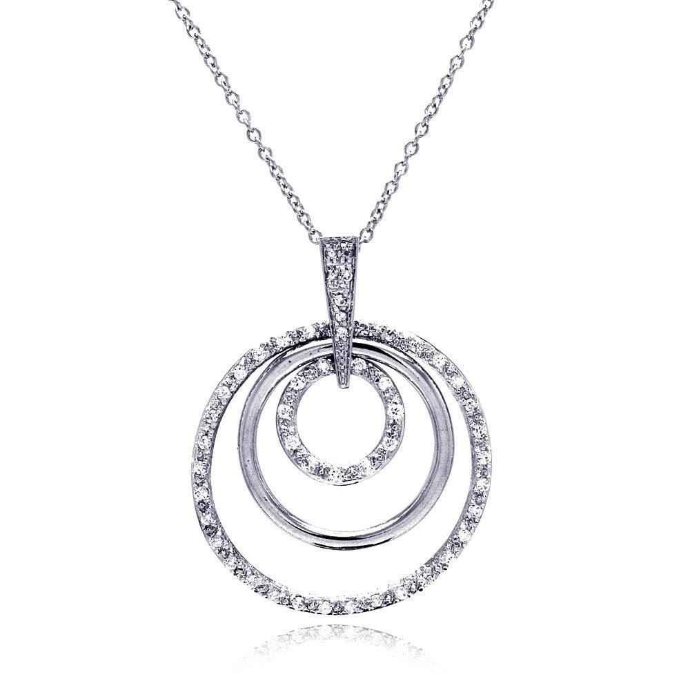 Silver 925 Clear CZ Rhodium Plated Multi Circle Pendant Necklace