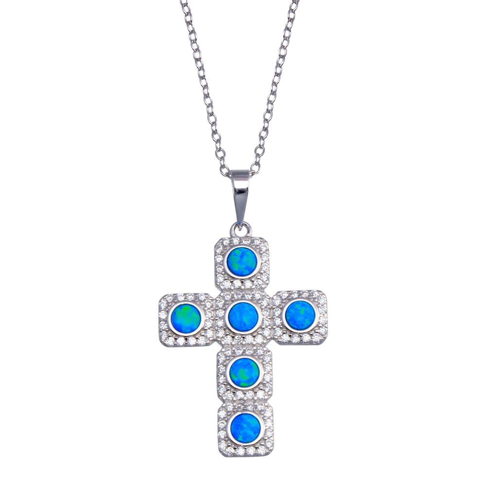 925 Sterling Silver Rhodium Plated Cross Blue and Clear CZ Necklace