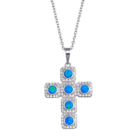 925 Sterling Silver Rhodium Plated Cross Blue and Clear CZ Necklace