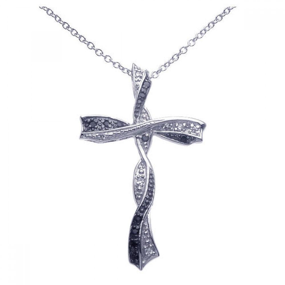 Silver 925 Black and Clear Rhodium Plated Twisted Cross CZ Necklace