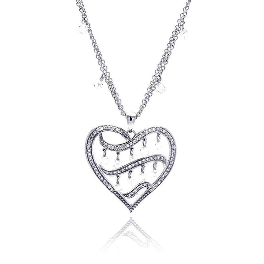 Silver 925 Rhodium Plated Filigree Heart CZ Chandelier Dangling Necklace