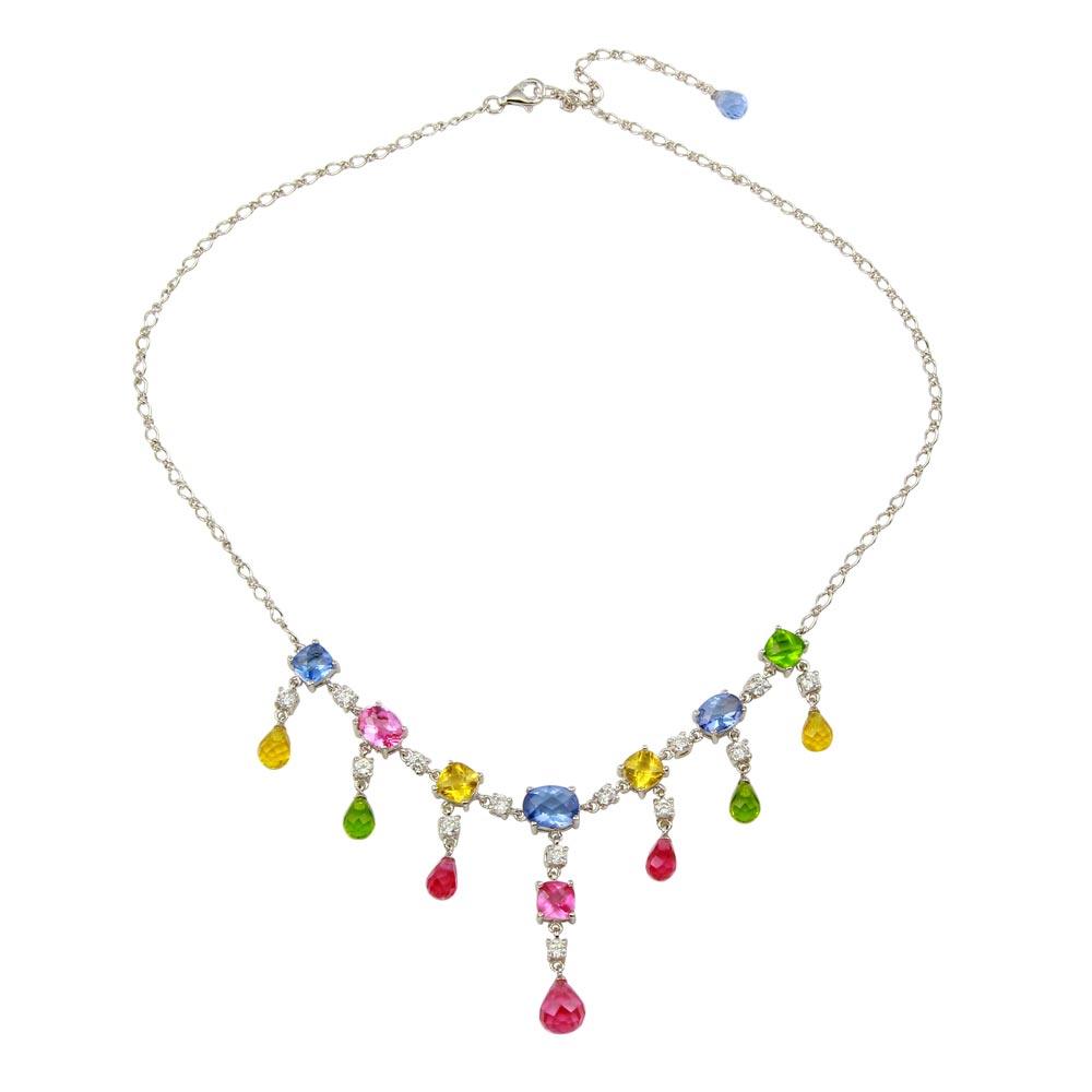 Rhodium Plated 925 Sterling Silver Multi-colored CZ Drop Necklace