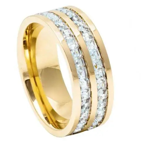 Yellow Gold IP Plated Titanium Ring Double Row Princess cut Eternity CZ