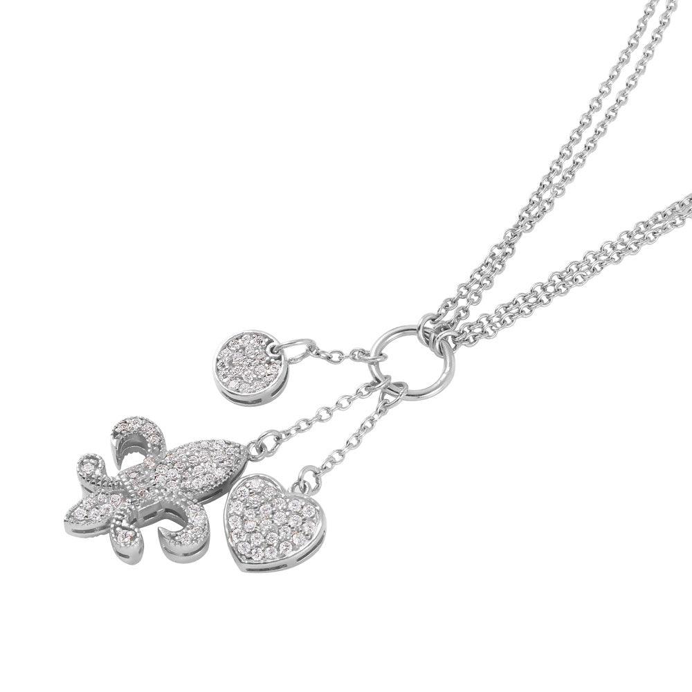 Silver 925 Rhodium Plated Fleur de Lis Charms and CZ Accents Necklace