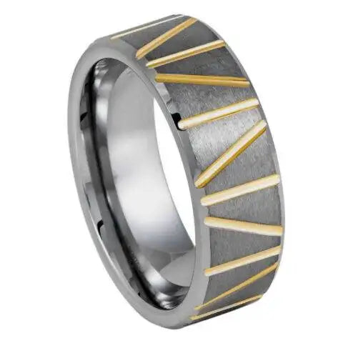 Black IP Plated with Yellow Gold Diagonal Grooves