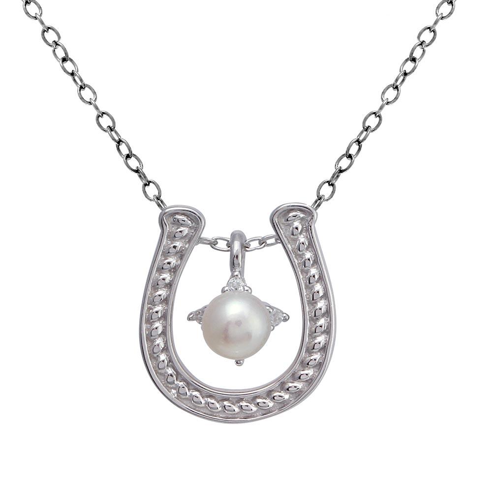 925 Sterling Silver Clear Rhodium Plated Horse Shoe Pearl Center Necklace