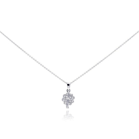 Silver 925 Clear CZ Rhodium Plated Clover Pendant Necklace