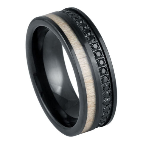 Black IP Plated Black CZ Eternity & White Wood Inlay