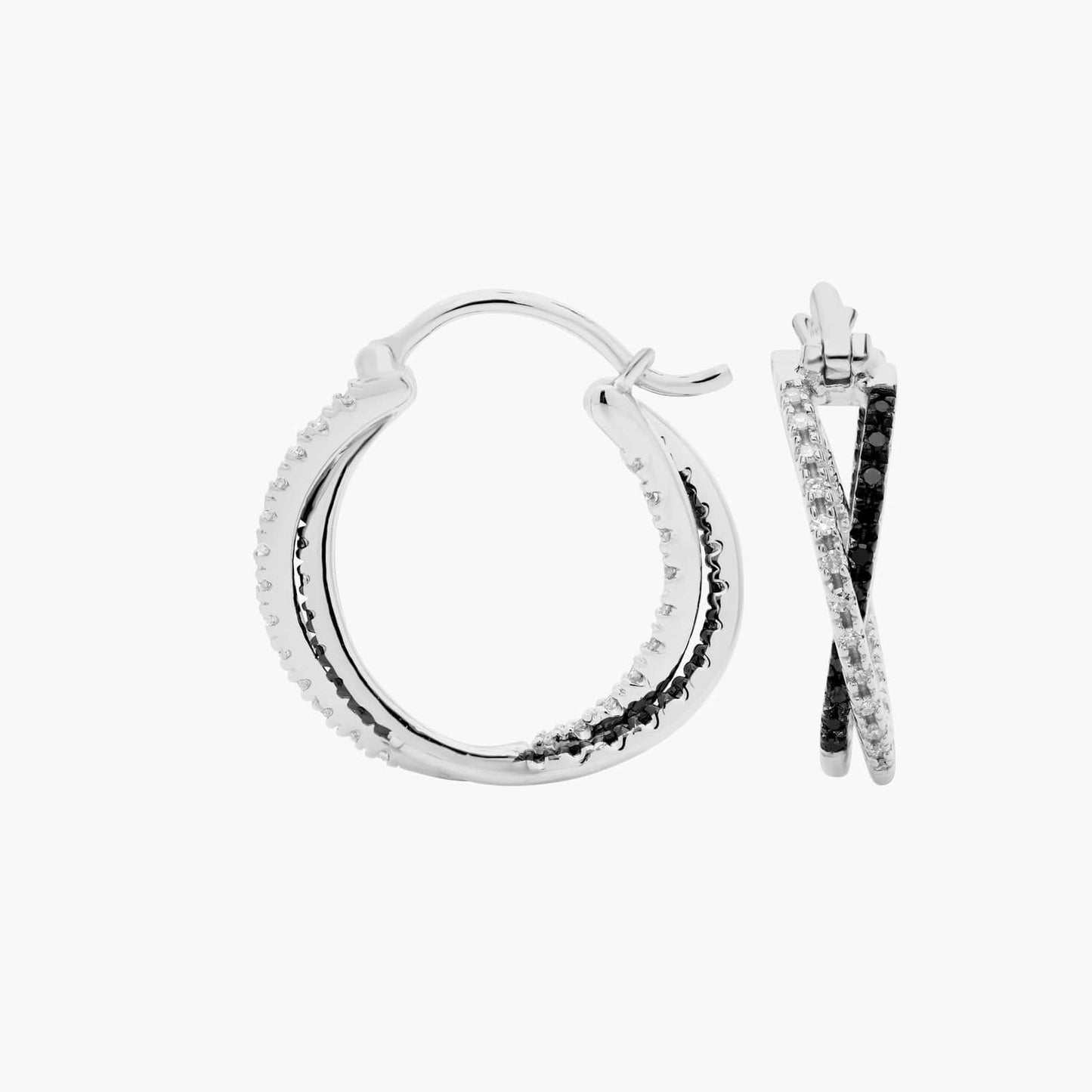 Black and White Diamond Crossover Hoop Earrings