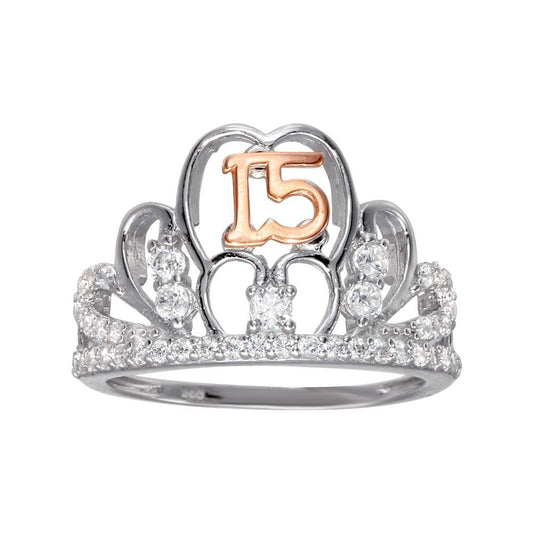 Two-Tone 925 Sterling Silver CZ Quinceanera Tiara Ring