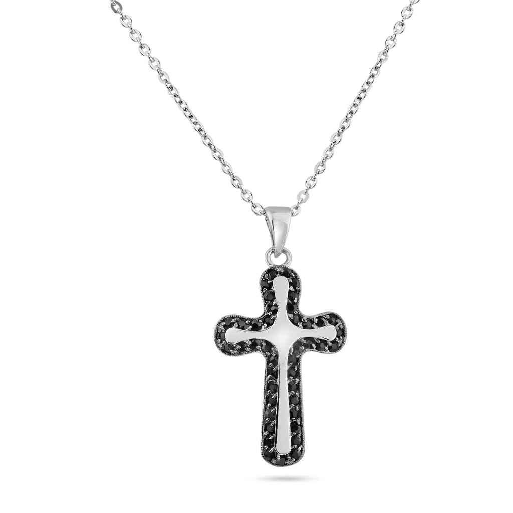 Silver 925 Rhodium Black Onyx Cross CZ Necklace