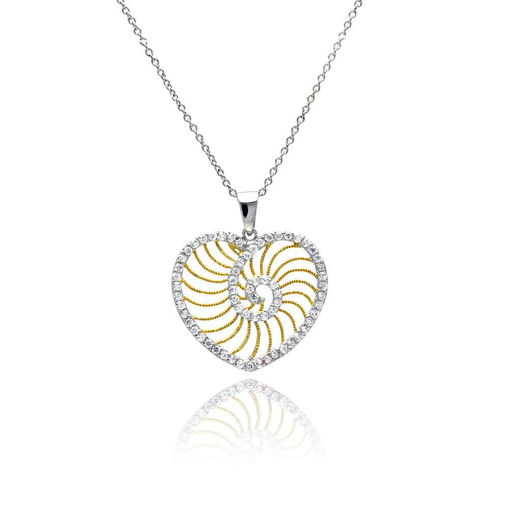 Silver 925 Rhodium Plated Clear CZ Heart Gold Plated Swirl Pendant Necklace