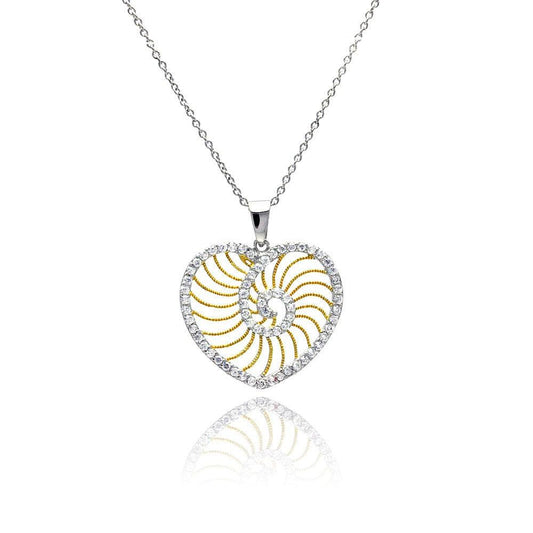 Silver 925 Rhodium Plated Clear CZ Heart Gold Plated Swirl Pendant Necklace