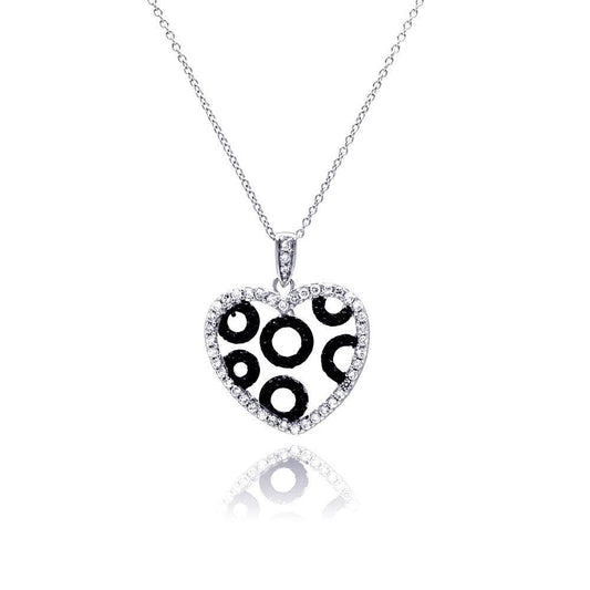 Silver 925 Rhodium and Black Rhodium Plated Clear and Black CZ Heart Circles Pendant Necklace