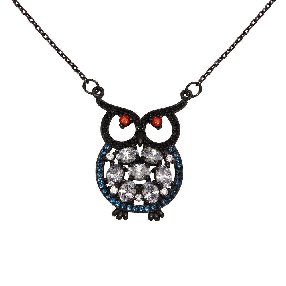 Black Rhodium Plated 925 Sterling Silver Multi-Colored Owl CZ Necklace