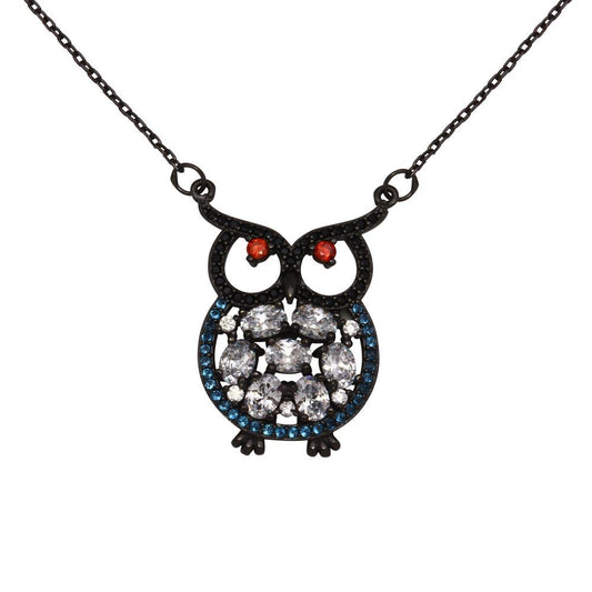 Black Rhodium Plated 925 Sterling Silver Multi-Colored Owl CZ Necklace