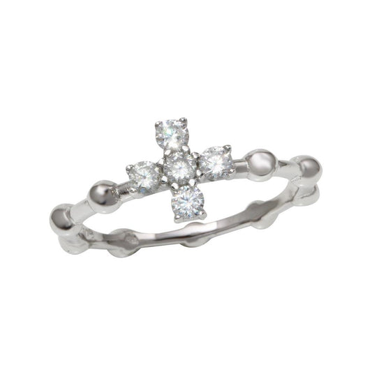 Rhodium Plated 925 Sterling Silver Beaded Shank CZ Cross Ring