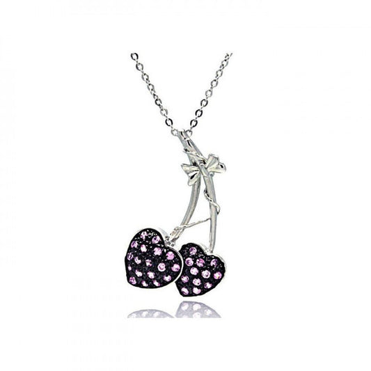 Silver 925 Lavender CZ Rhodium and Black Rhodium Plated Cherry Pendant Necklace