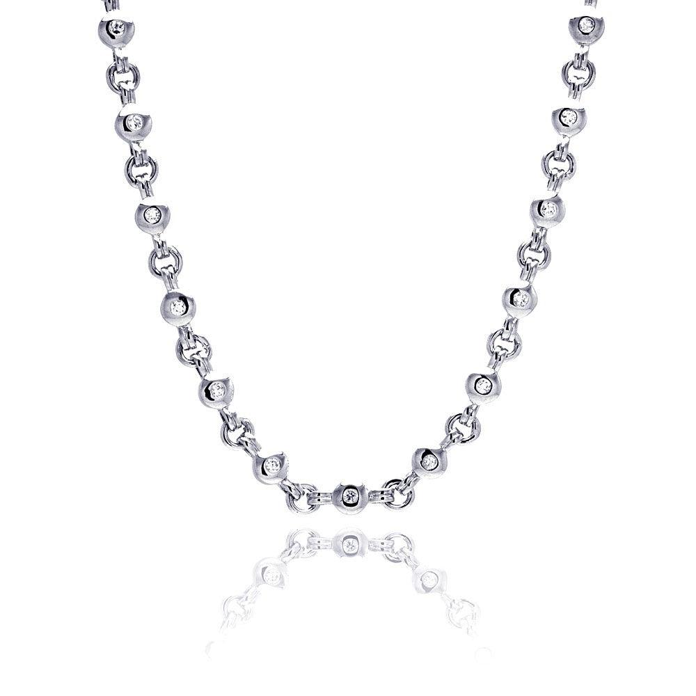 Silver 925 Rhodium Plated Clear Round CZ Link Necklace