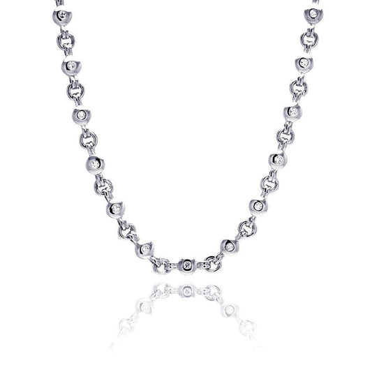 Silver 925 Rhodium Plated Clear Round CZ Link Necklace