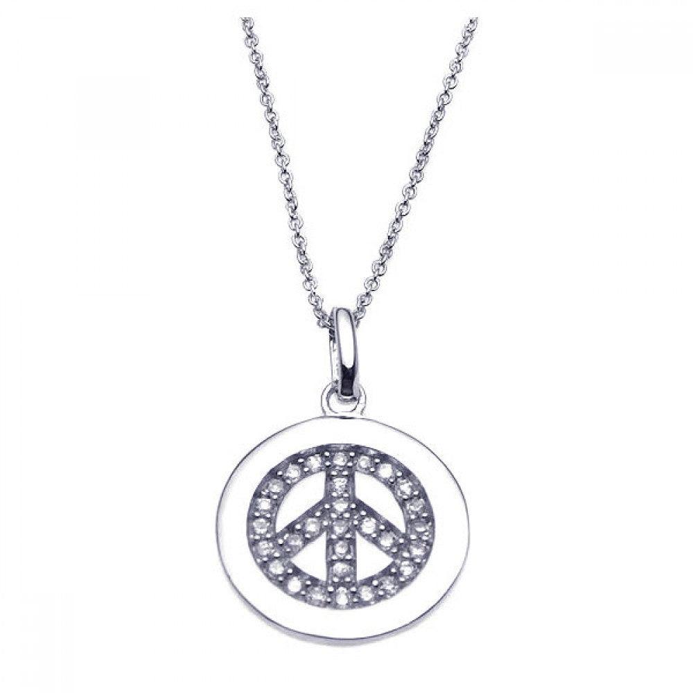 Silver 925 Rhodium Plated Clear CZ Peace Pendant Necklace