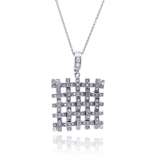 Silver 925 Clear CZ Rhodium Plated Mesh Pendant Necklace