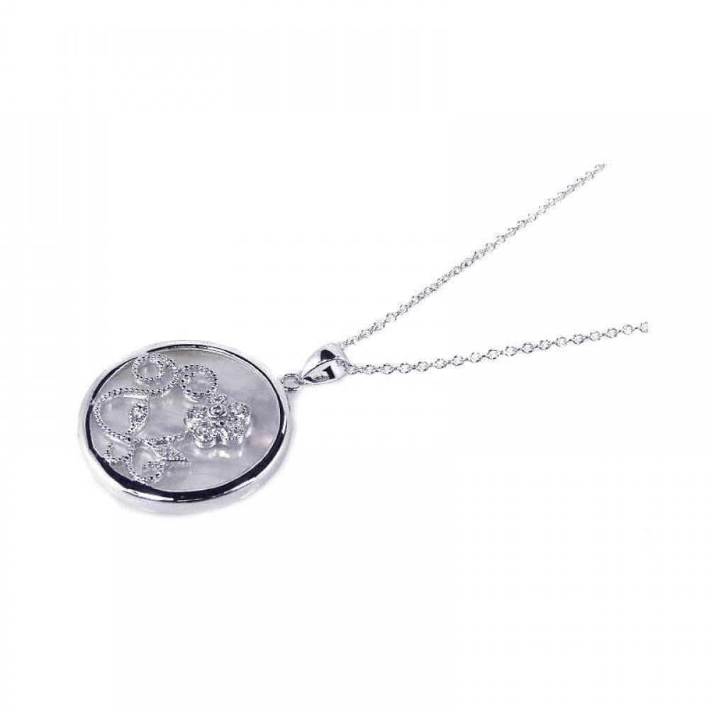 Silver 925 Clear CZ Mother Pearl Rhodium Plated Round Circle Pendant Necklace