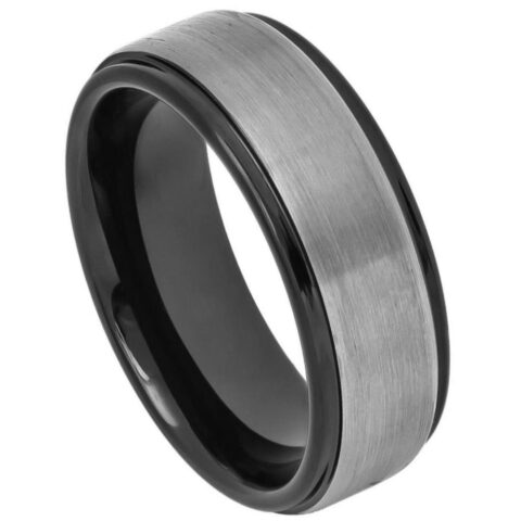 Tungsten Ring Two tone Black IP Gun Metal Brushed Center Stepped Edge