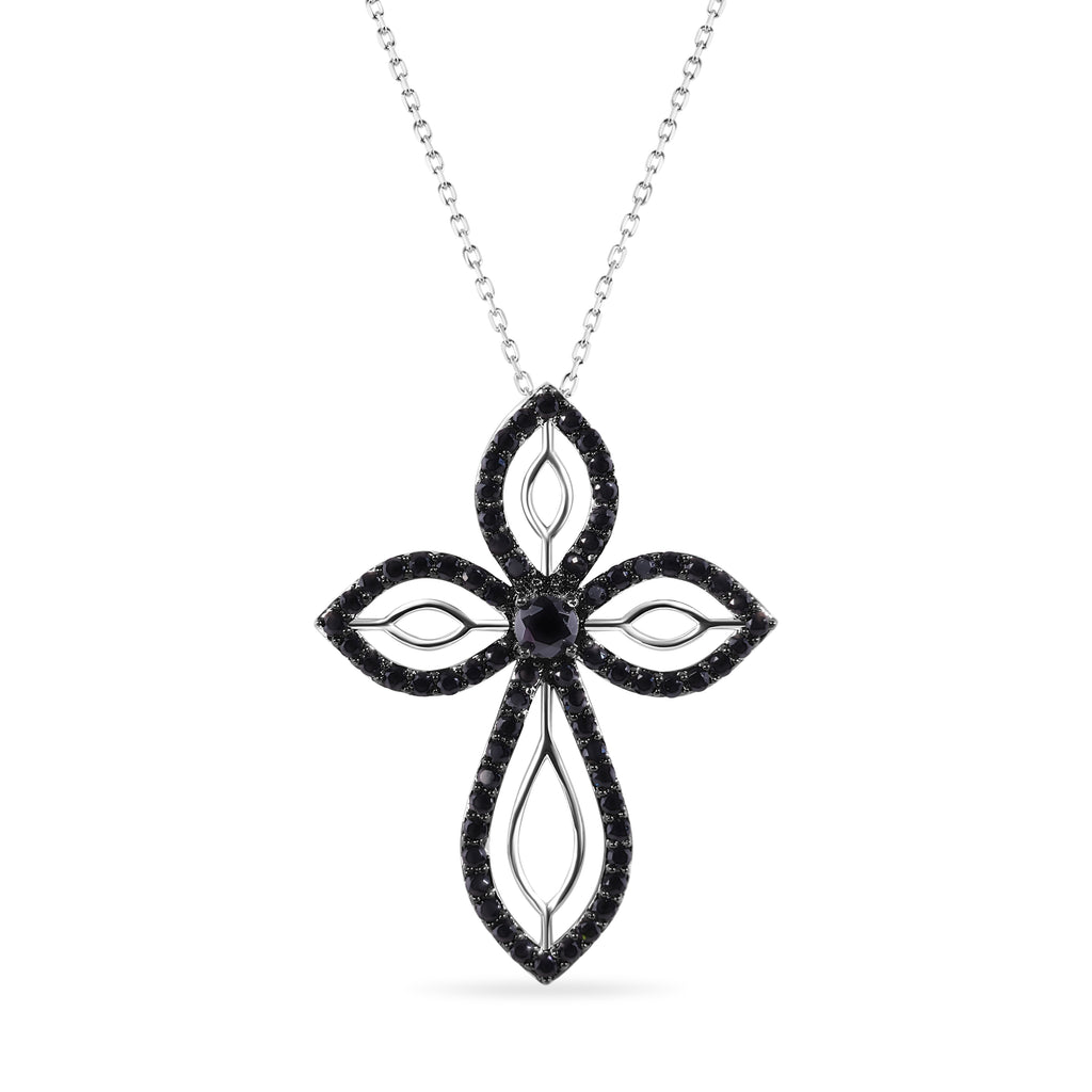 Silver 925 Rhodium and Black Rhodium Plated Clear and Black CZ Cross Pendant Necklace