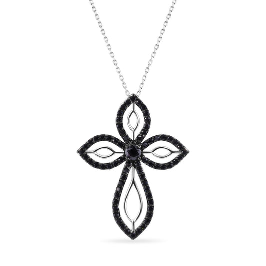 Silver 925 Rhodium and Black Rhodium Plated Clear and Black CZ Cross Pendant Necklace