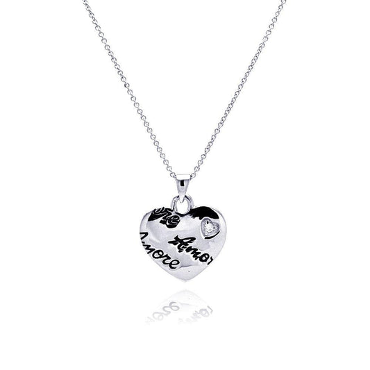 Silver 925 Rhodium Plated Clear CZ Amore Love Heart Pendant Necklace