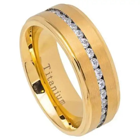 Yellow IP Titanium Ring Brushed Center Shiny Stepped Edge with Eternity Style CZs