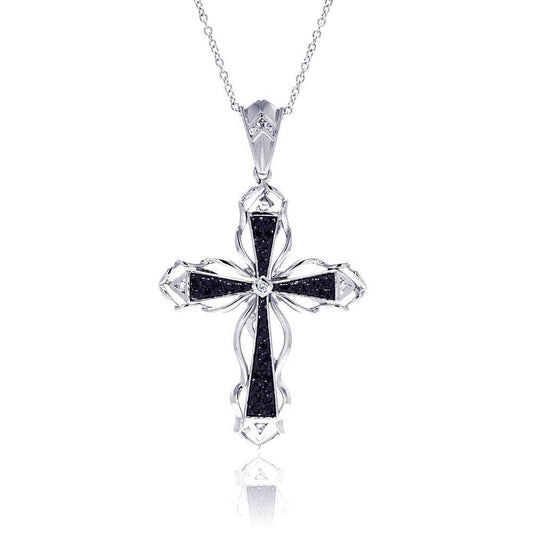 Silver 925 Black CZ Black Rhodium Plated Cross Pendant Necklace