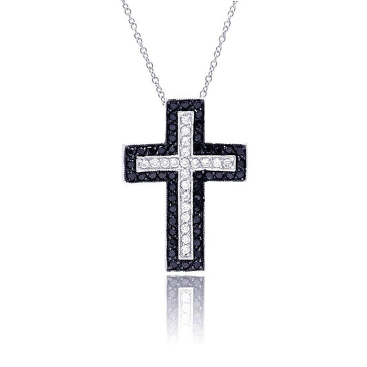 Silver 925 Rhodium Black and Clear Cross CZ Necklace