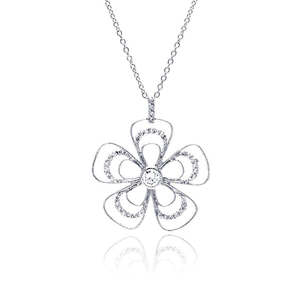 Silver 925 Rhodium Plated Open Flower CZ Necklace