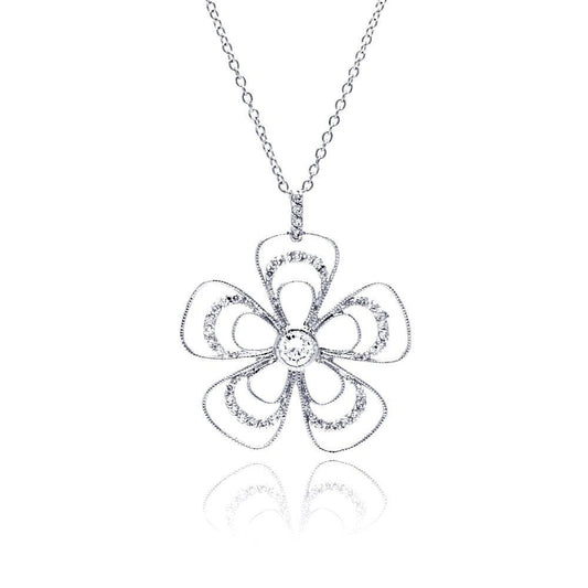 Silver 925 Rhodium Plated Open Flower CZ Necklace