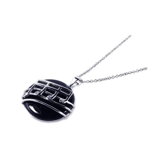 Silver 925 Rhodium Plated Black Onyx Round Music Note Dangling Necklace