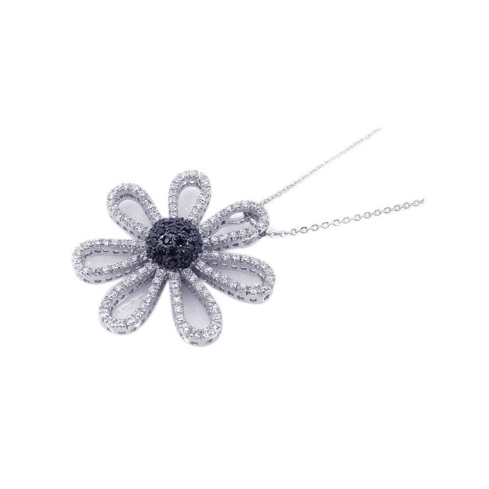 Silver 925 Black and Rhodium Plated Flower CZ Necklace