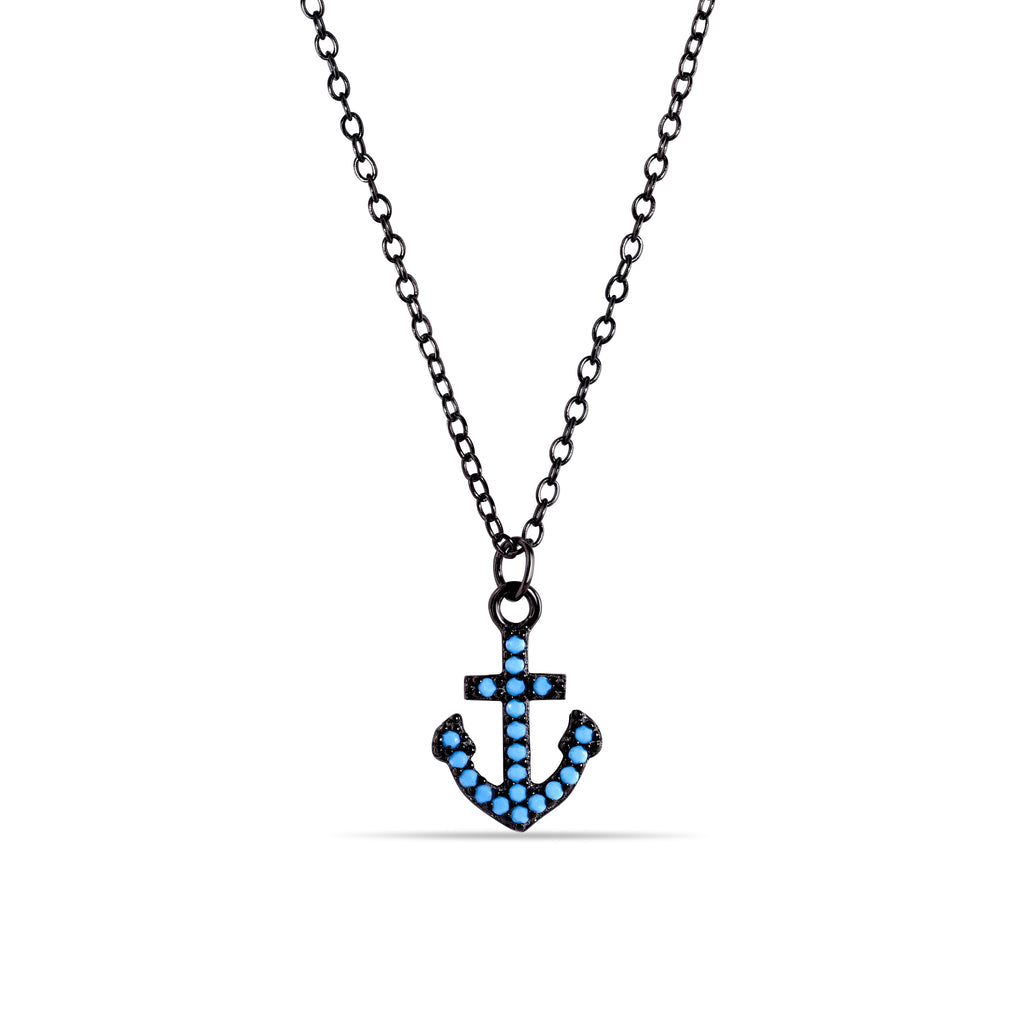 Black Rhodium Plated 925 Sterling Silver Anchor Turquoise Stones Necklace