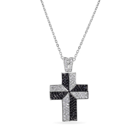 Silver 925 Black and Clear CZ Black Rhodium Plated Cross Pendant Necklace