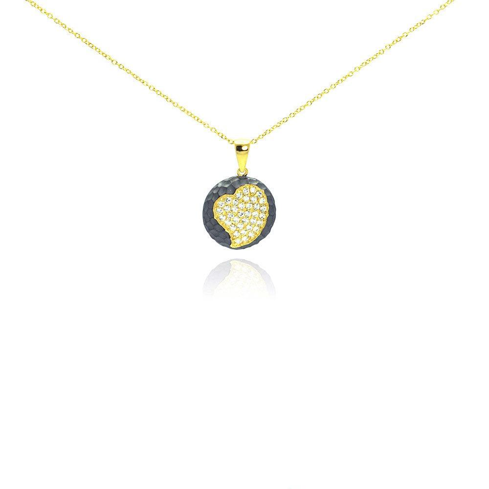 Silver 925 Gold Plated and Matte Black Rhodium Finish Heart Clear CZ Hammered Round Onyx Pendant Necklace