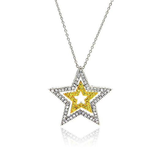 Silver 925 Clear and Yellow CZ Rhodium Plated Triple Star Pendant Necklace