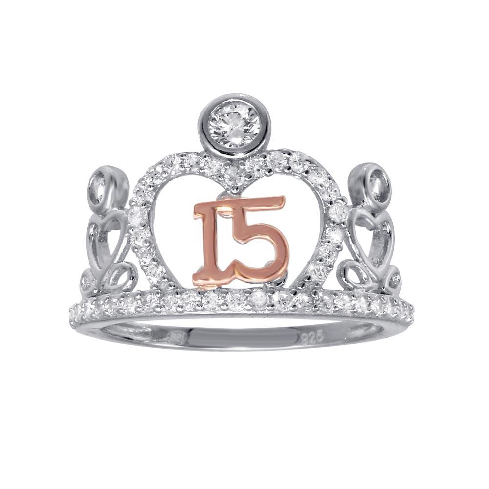 Two-Tone Silver CZ Quinceanera Tiara Ring