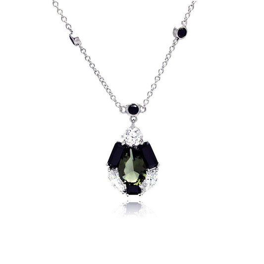 Silver 925 Rhodium Plated Green Center Teardrop Black Baguette CZ Necklace