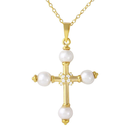 925 Silver 925 Gold Plated Cross with Synthetic Pearl Necklace